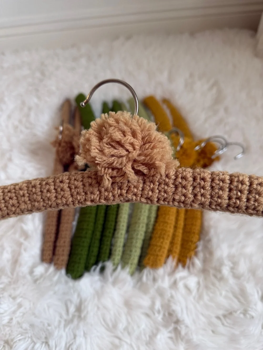 Crocheted Velvet Padded Hangers with Pom-Pom - Olive, Moss, Tan & Mustard